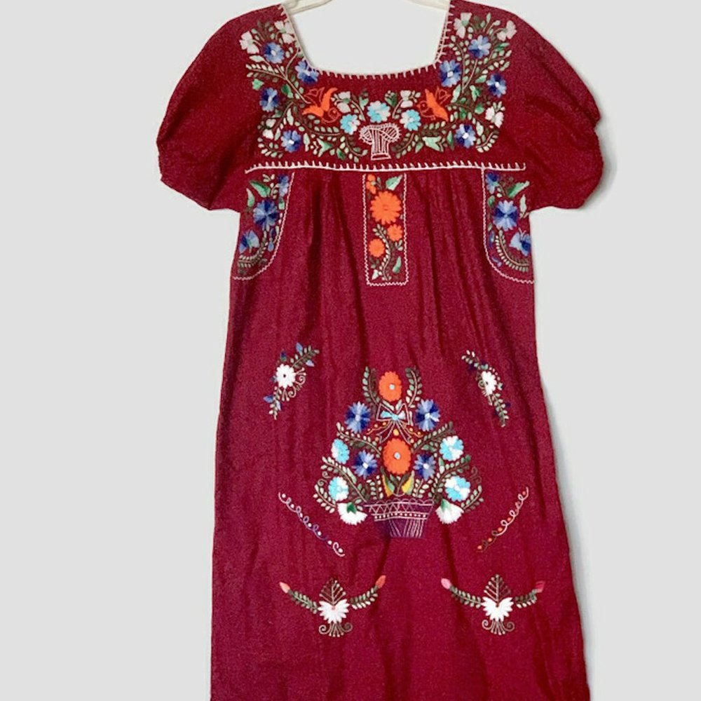 1970s  Elaborate Embroidered Peasant Dress - Cotton - with flowers and birds M